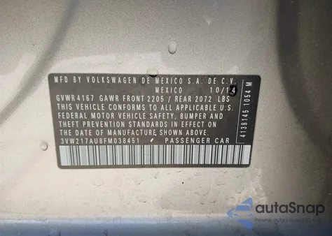 2015 Volkswagen Golf Tsi S 4-Door из США, поврежденный, VIN 3VW217AU8FM038451